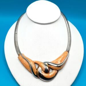 Vintage Beige Enamel Necklace, Omega Chain, 1980s Vintage Jewelry